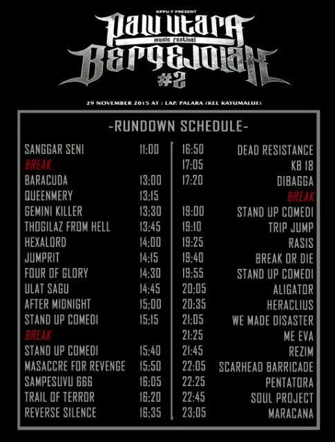 Rundown Schedule #Paluutarabergejolak2 <a href="/UlatSagu_DC/">Ulat Sagu</a> <a href="/IndiePalu/">INDIE PALU</a> <a href="/PALUNOISE/">PALU NOISE TERRITORY</a>
