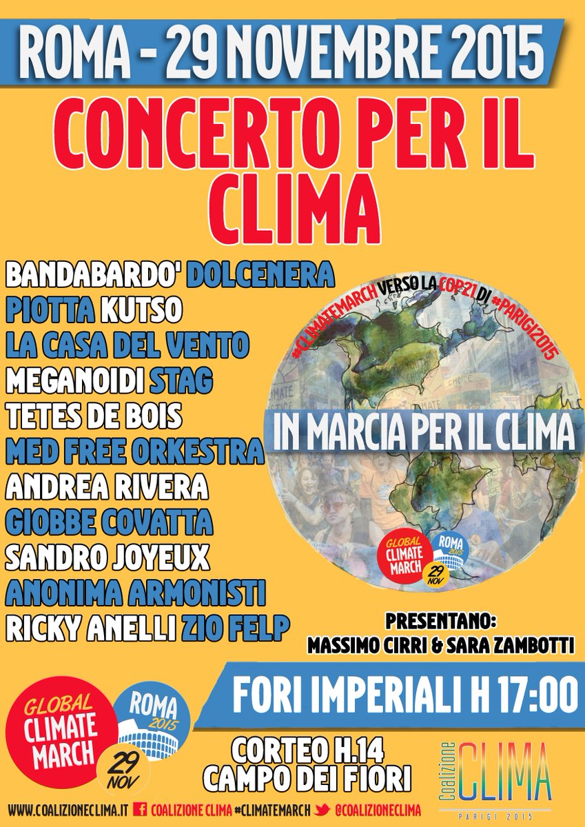 CoalizioneClima's tweet photo. Domenica 29/11 tutti a Roma per la #marciaperilclima e il concerto! Ecco il programma! https://t.co/r87FkIj8NM