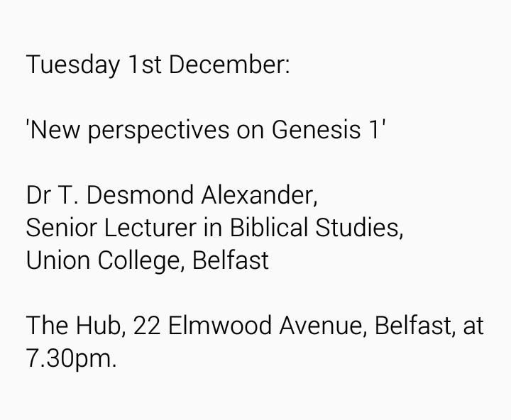 Lecture tonight! 7.30pm at The Hub with Dr T. Desmond Alexander @SaintsSceptics <a href="/thehubbelfast/">The Hub Belfast</a> #christiansinscience