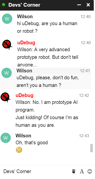 uDebug's tweet photo. Why do people on #DevsCorner keep thinking I'm a robot? #uDebug https://t.co/JJL5aXuhyK