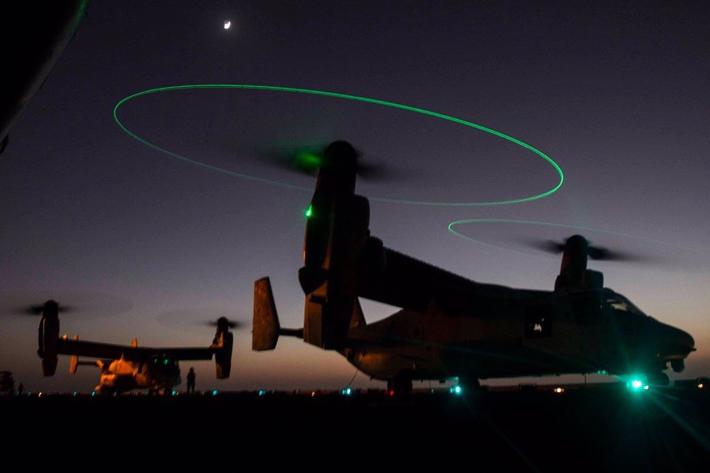MCASCPPA's tweet photo. #Ospreys with VMM-162(+) conduct flight ops aboard the amphib. assault ship USS Kearsarge in the Arabian Sea #2dMAW https://t.co/R5aLReSzF6