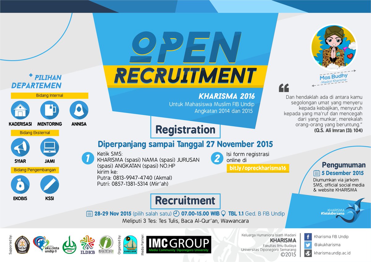 Assalamu'alaikum, sob! :)
OPEN RECRUITMENT KHARISMA
DIPERPANJANG SAMPAI 27 NOVEMBER 2015!!
#YukJoinKharisma