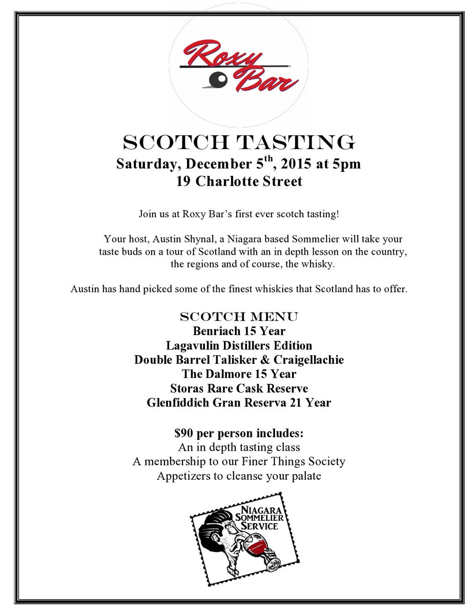 roxybartoronto's tweet image. We will be hosting our first ever Scotch Tasting on December 5th hosted by @austinshynal1. Email - info@roxybar.ca