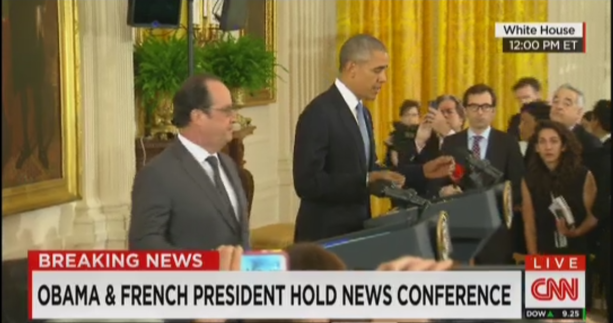 cnnbrk's tweet photo. ISIS must be destroyed, Obama says in news conference with French President Hollande. LIVE: https://t.co/HAhU3MmiMf https://t.co/RsMyDe15ZN