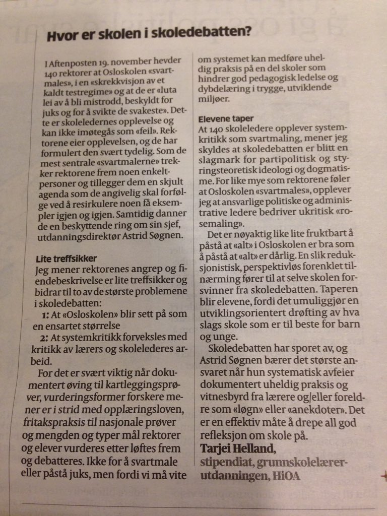 AtleDanielsen's tweet photo. Les kloke @tarjeihelland innlegg om @Osloskolen https://t.co/4iynygbzgt