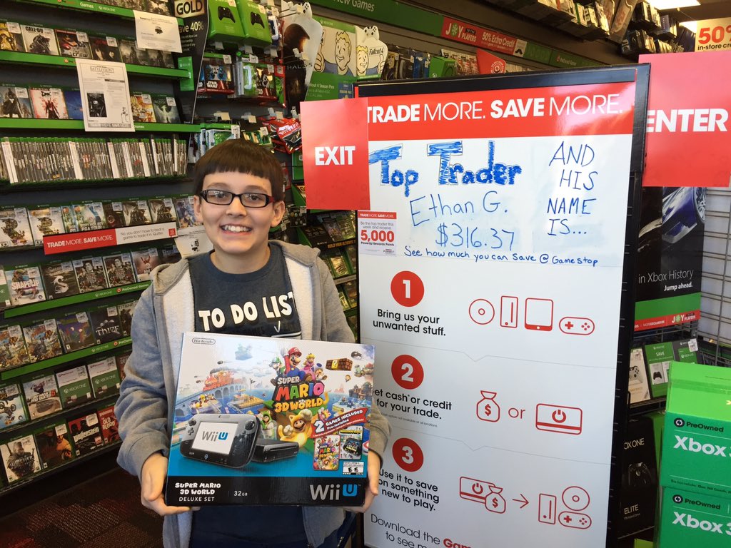 HoosierMommy74's tweet photo. Monday was a great day to be Ethan! He was Top Trader of the day at #GameStop Made enough to get a WiiU!#TradeStash https://t.co/3vUOhNYdOE