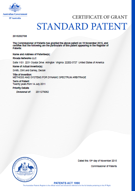 declanganley's tweet photo. Here's the latest @RivadaNetworks patent grant cert. This one, Australian, for Dynamic Spectrum Arbitrage. #DSATPA https://t.co/Lg6qMLxFHh