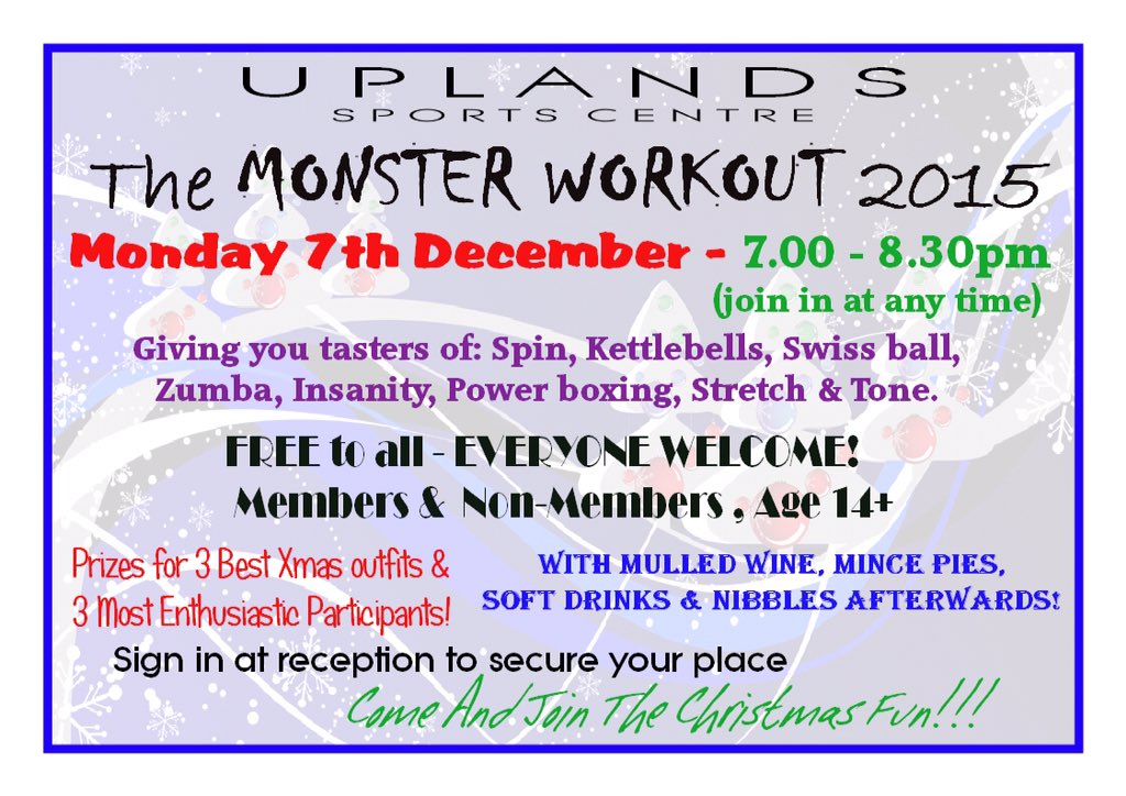 Uplands_Gym's tweet photo. Monster Workout 15, members and non-members welcome, FREE 90 minutes of FUN exercise, 7th Dec 2015, 7pm.Please book! https://t.co/E7MXRDurM1