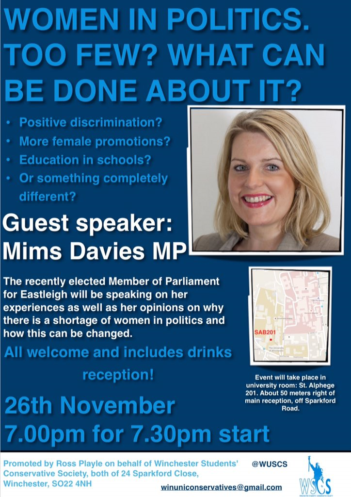 EVENT PLUG: "WOMEN IN POLITICS"
Hosted by <a href="/WUSCS/">Winchester University Conservatives</a>. Event details: on.fb.me/1YrtKDc