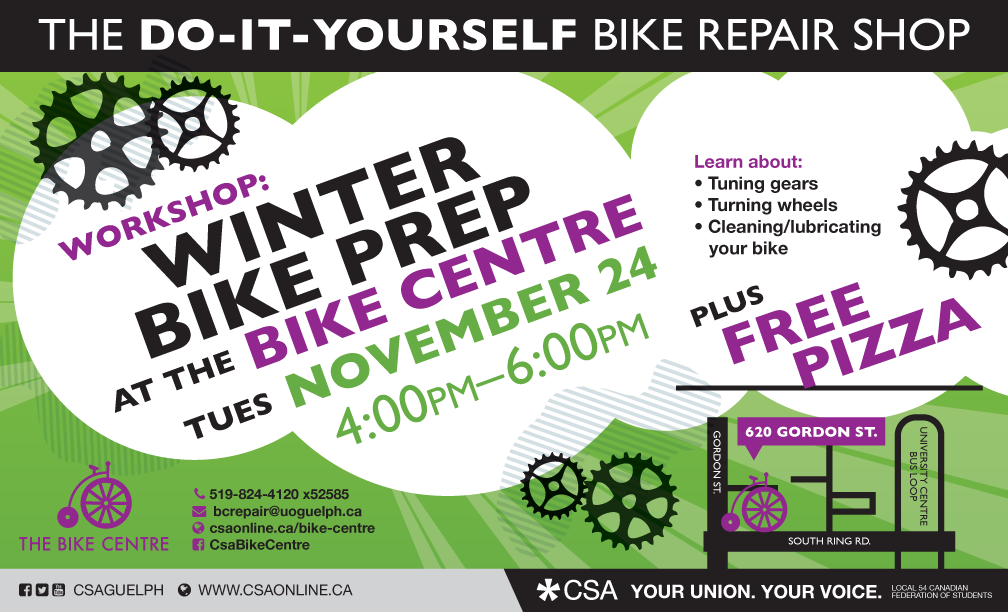 csaguelph's tweet photo. Our @csa_bike is hosting a winter prep wrkshop @4pm! Sharing FREE knowledge &amp; pizza #yourunionyourvoice #CSAservices https://t.co/GQLxJMak1G