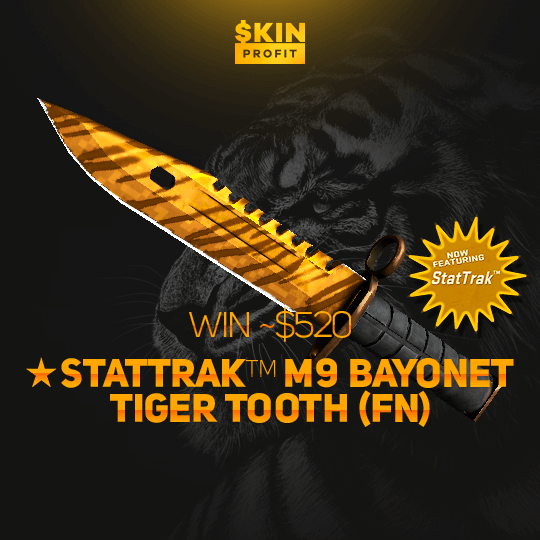 SkinProfit's tweet photo. LAST DAY! GIVEAWAY! RT + Follow to win ★ StatTrak™ M9 Bayonet Tiger Tooth FN - 520$! -  https://t.co/9rBuSW5MLy https://t.co/UylozHfbpr