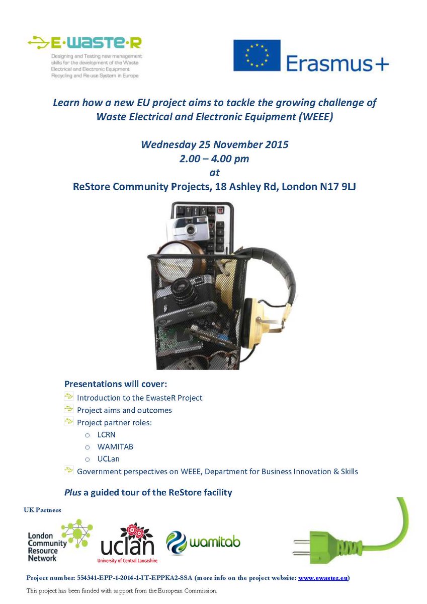 eu_EwasteR's tweet image. UK @eu_EwasteR event on 25 Nov @ReStoreCP starting @ 2pm Meet the project partners @WAMITAB @LCRNnews @UCLan