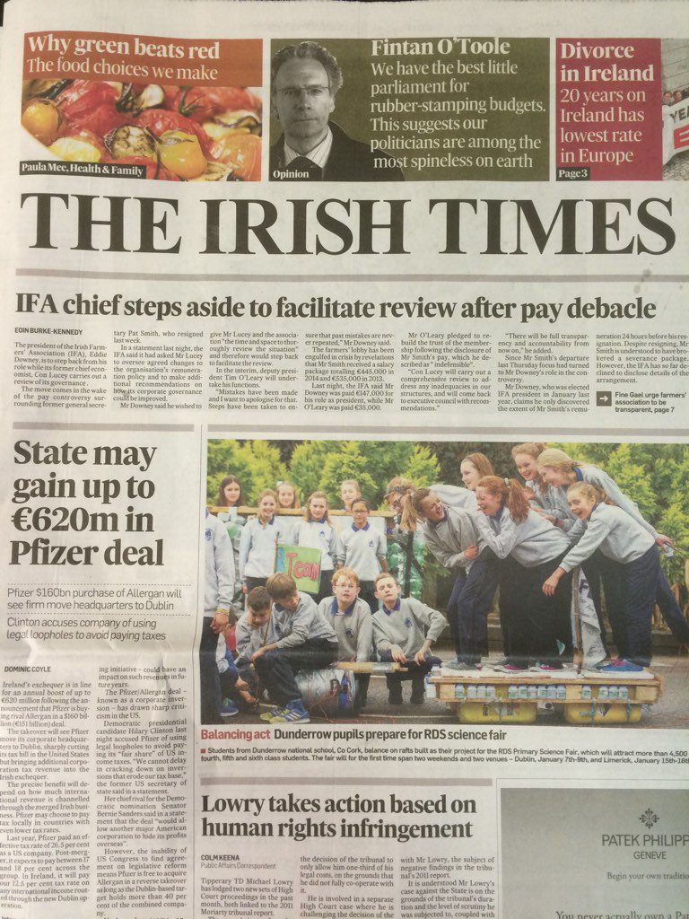 kinsalegp's tweet photo. Well done #Dunderrow NS - front page of today's @IrishTimes with their @TheRDS Primary Science Fair project https://t.co/G40DiOW7Ou