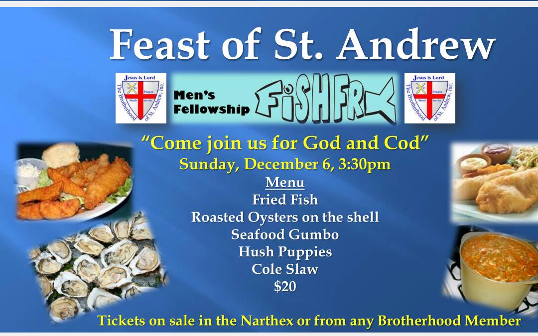 StDavidsAshburn's tweet photo. "God and Cod" Feast of St. Andrew Men's Fellowship Event @ St. David's 12/6 @ 3:30pm. Tix on sale now. https://t.co/ZQisXQZmr1