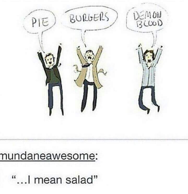 ruby_zd's tweet photo. Dean =Pie
Cass =Burgers
Sam =Demon blood.....i mean...Salad!
😂 https://t.co/glzYX2f18a