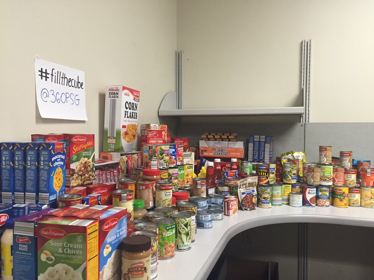 ThreeSixtyMktg's tweet photo. The last day of our Thanksgiving #fillthecube campaign! We'll see how much more we can stuff this back cubicle. https://t.co/AFN7YCfArN