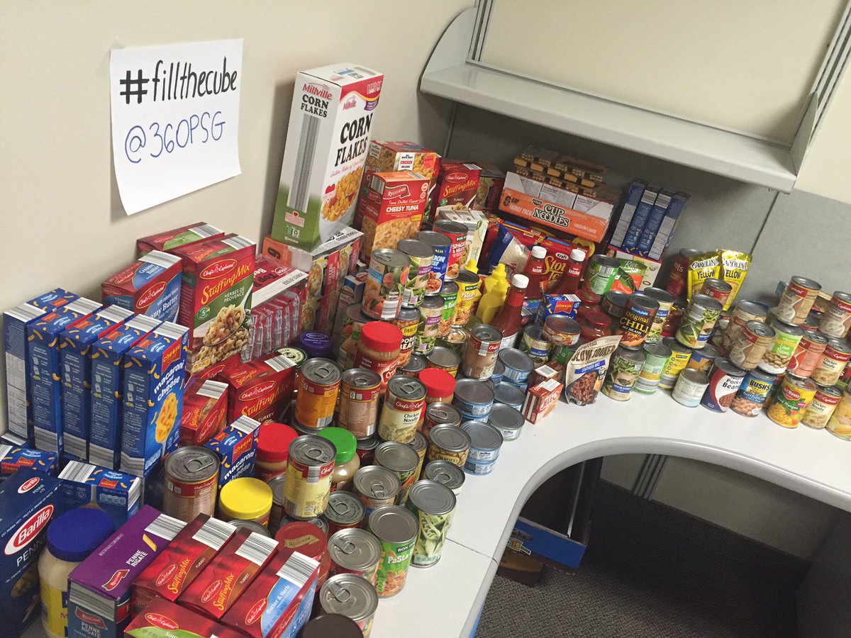 ThreeSixtyMktg's tweet photo. The last day of our Thanksgiving #fillthecube campaign! We'll see how much more we can stuff this back cubicle. https://t.co/AFN7YCfArN