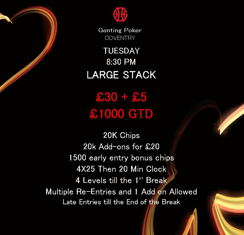 GentingCoventry's tweet photo. Tuesday is our Large stack 20k chips for £30 + £5 £1000 guarantee 20k add-ons for £20 @GentingCoventry casino https://t.co/xHrBMHPYtf