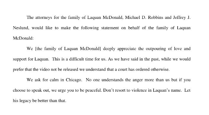 LauraPodestaTV's tweet photo. Statement from #LaquanMcDonald 's family, asking for calm in #Chicago @ABC7Chicago https://t.co/93KAP4Lctv