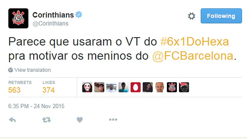 ESPNBrasil's tweet photo. Corinthians brinca com goleada do Barça para lembrar clássico: 'Usaram VT do 6x1' - https://t.co/AB8ILpLpvT https://t.co/PxTupyYYUc