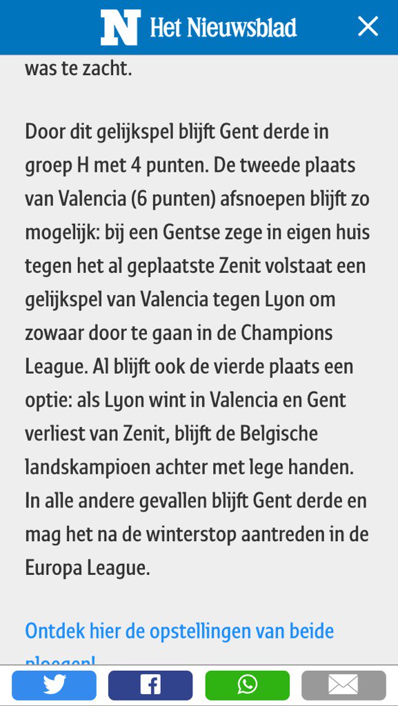 Crement87's tweet photo. @Nieuwsblad_be rekende nt meer op winst @KAAGent in #ChampionsLeague tgn #Lyon zo blijkt uit nieuwsflash #slotfase https://t.co/pyXaYgZafZ