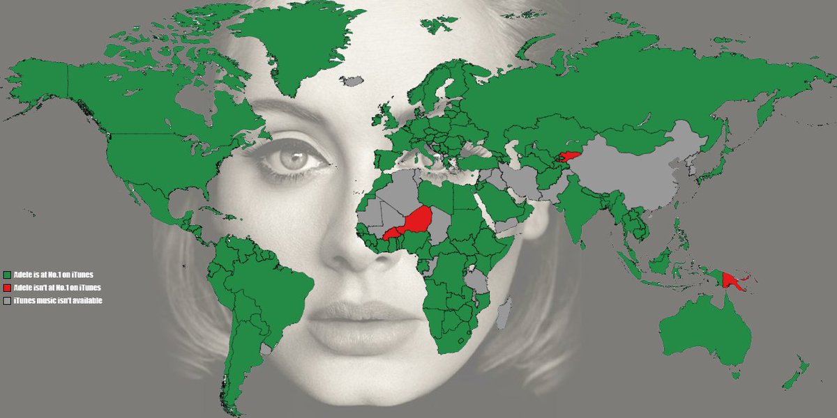 amazingmap's tweet photo. A map of all the countries in which @Adele 's 25 is no.1 on the iTunes charts https://t.co/zaFpKsq1Zl