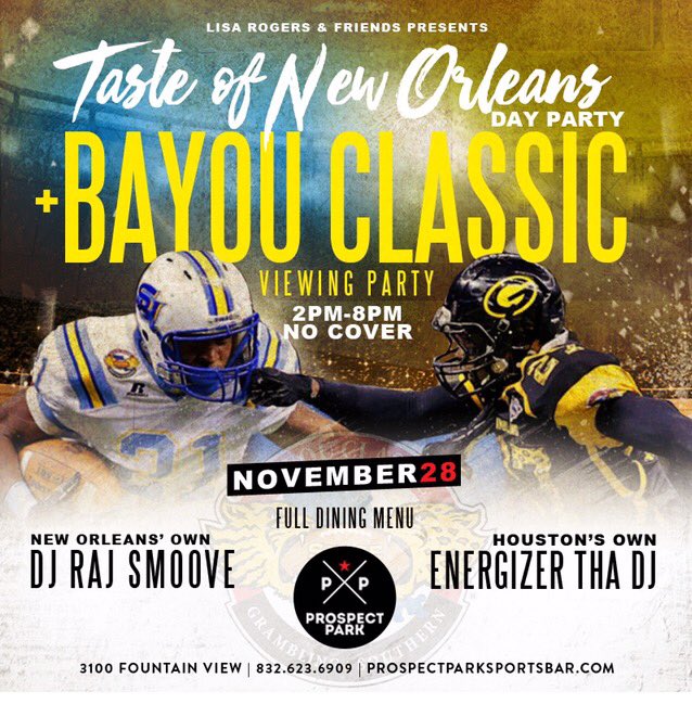 THELISAROGERS's tweet photo. DayParty Alert! Bayou Classic Viewing Party at Prospect Park Houston! https://t.co/SlXNNFrw3Z