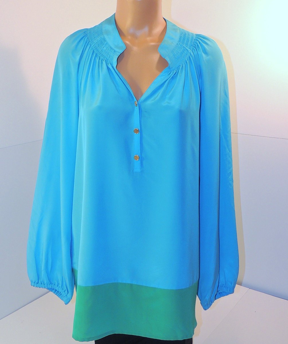 NWT Lilly Pulitzer Elsa Color Block Blue &amp; Green 100% Silk Blouse Sz L  #lillypulitzer   wardrobelottery.com