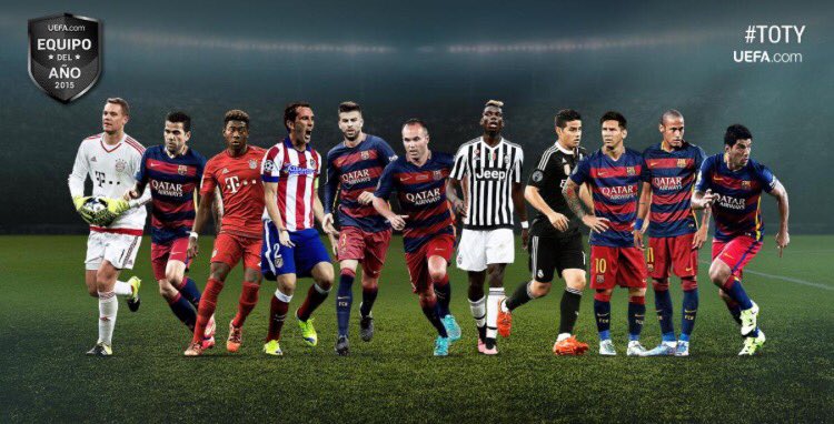 PedroJoseFCB's tweet photo. Mi equipo del año #Uefa2015 #TeamOfTheYear Neuer Alves Alaba Godin Piqué Iniesta Pogba James Suarez Messi Neymar https://t.co/ORPAYGS9CS