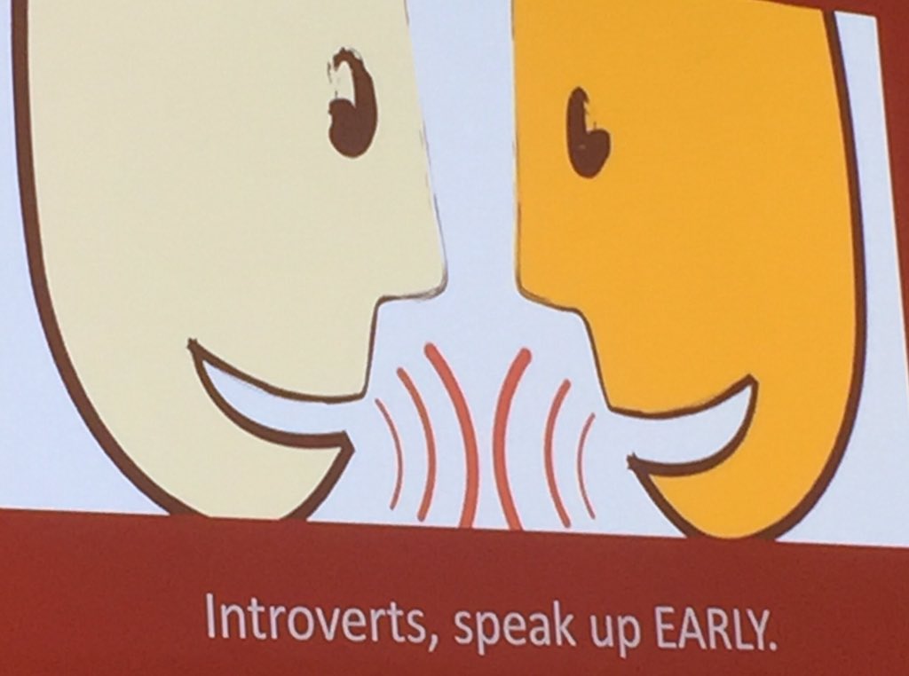 MeetingCourtney's tweet photo. @susancain tips for #introverts in mtgs. Don't curb your enthusiasm, speak up early. #MeetEatLearnMPICAC @ChicagoMPI https://t.co/xHnbZgRyKQ