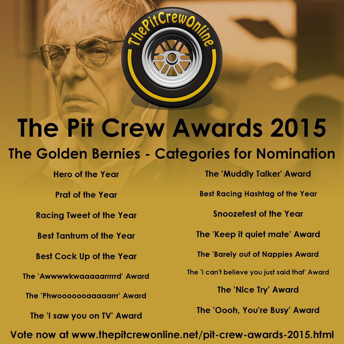 PitCrew_Online's tweet photo. Nominations are open now for the 2015 #GoldenBernies! Get your choices in for shortlisting! https://t.co/3imaONKcIN https://t.co/miGR0eu5Pe