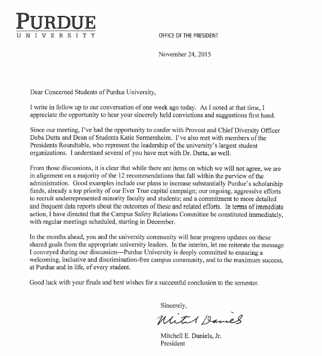 davebangert's tweet photo. Purdue President Mitch Daniels responds to students who brought demands re: race & bias on campus. Letter sent today https://t.co/JQqVnA6IFm