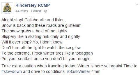 MH_Firefighters's tweet photo. Hats off to @RCMPKindersley for their one of a kind winter driving notice. We added the #DriveSafeBaby #medhat https://t.co/gE2WYpUNmE