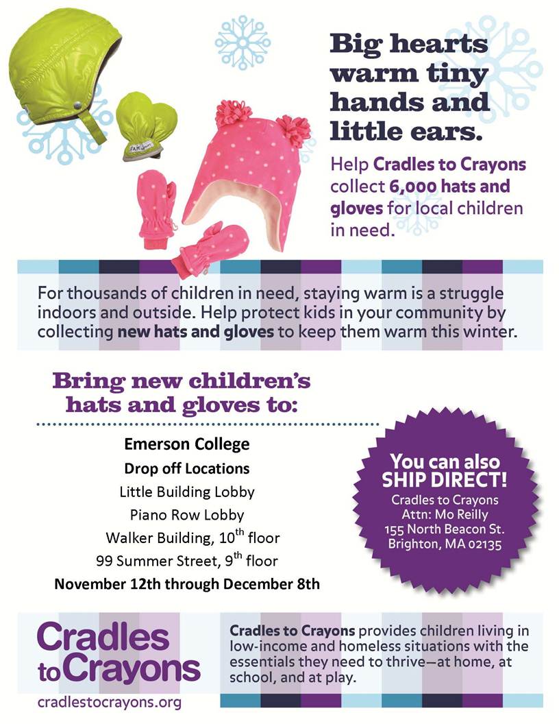 EmersonAECA's tweet photo. Help us collect 6,000 new hats and gloves for @c2cboston to keep children in our community warm! #creatingchange https://t.co/NhKpJUexfm