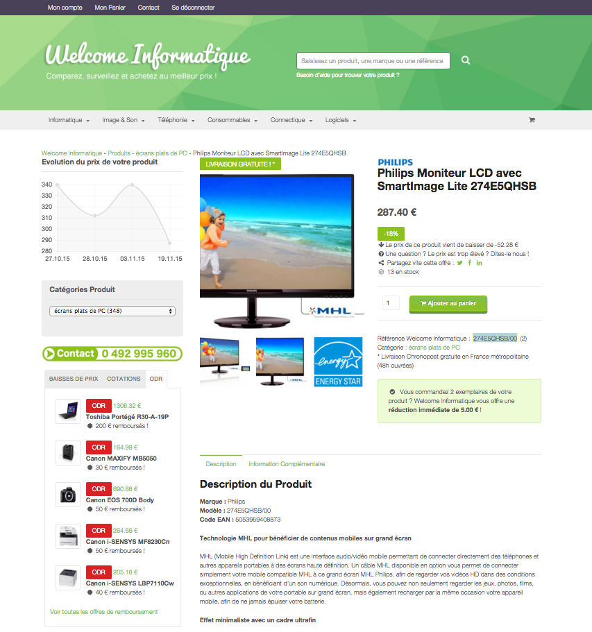 WelcomeInformat's tweet image. -18% sur le Moniteur 274E5QHSB/00 LCD Philips avec SmartImage Lite ! #promo goo.gl/jYXpMb