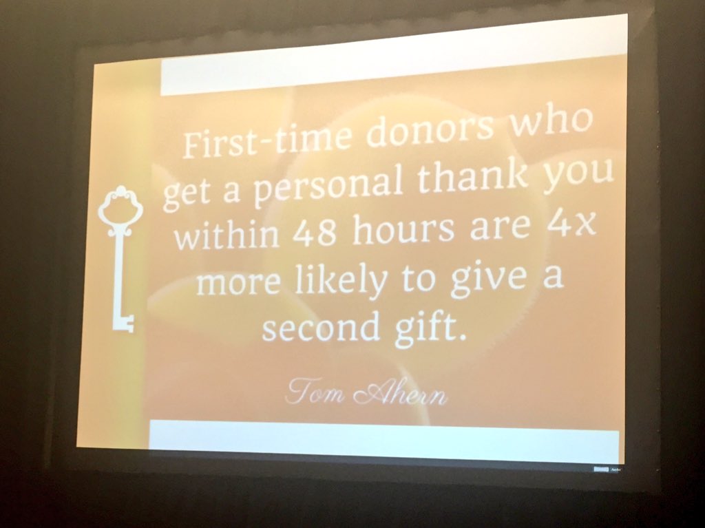 1st time donors who get a personal TY within 48 hours are 4x more likely to give. @donorguru #AFPCongress #retention