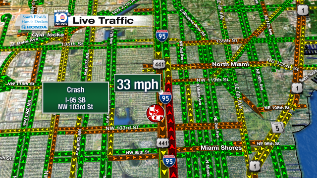 Crash on I-95 SB at NW 103rd St. Speeds at 33mph #traffic #miami https://t.co/mokfyddkYz