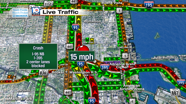Crash on I-395 and I-95 NB. Speeds at 15mph. 2 center lanes blocked #miami #traffic https://t.co/RUOWS1UfRf