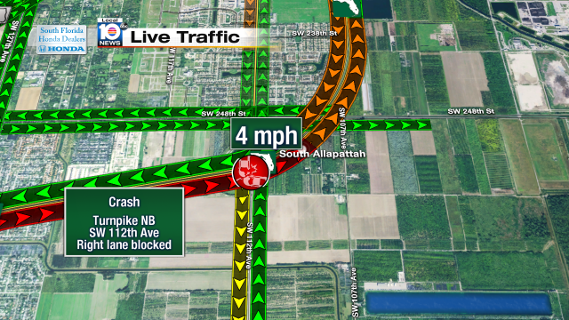 Crash on Turnpike NB at SW 112th Ave. Right lane blocked. Speeds at 4mph #traffic #allapattah https://t.co/wXP785jJT1