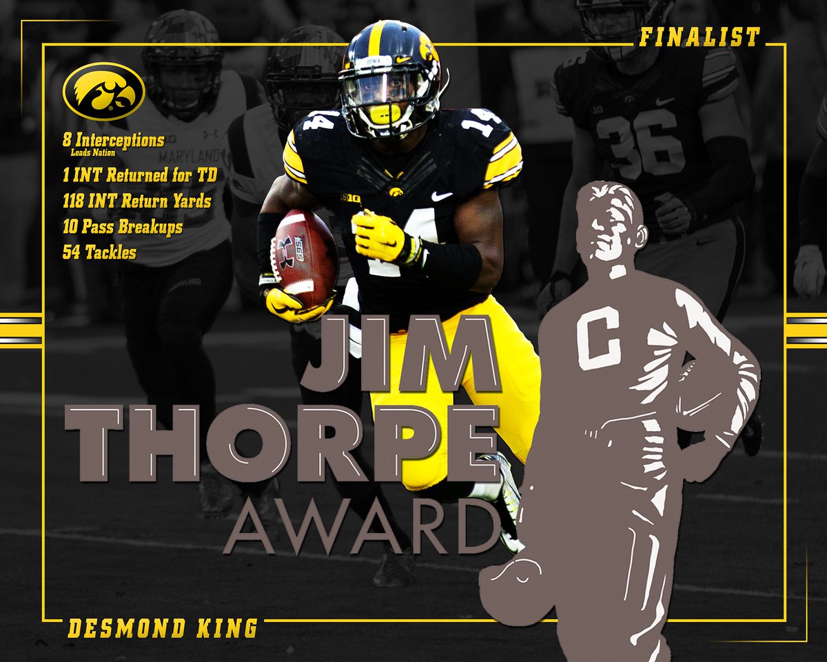 Desmond King is a Finalist for the <a href="/jimthorpeaward/">Paycom Jim Thorpe Award</a>, presented to the nation's top DB | #Hawkeyes