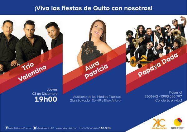 Jueves | 3 de Diciembre | 19H00 Concierto gratuito por #FiestasDeQuito. Llama al 2508442 y ¡reserva tu entrada!