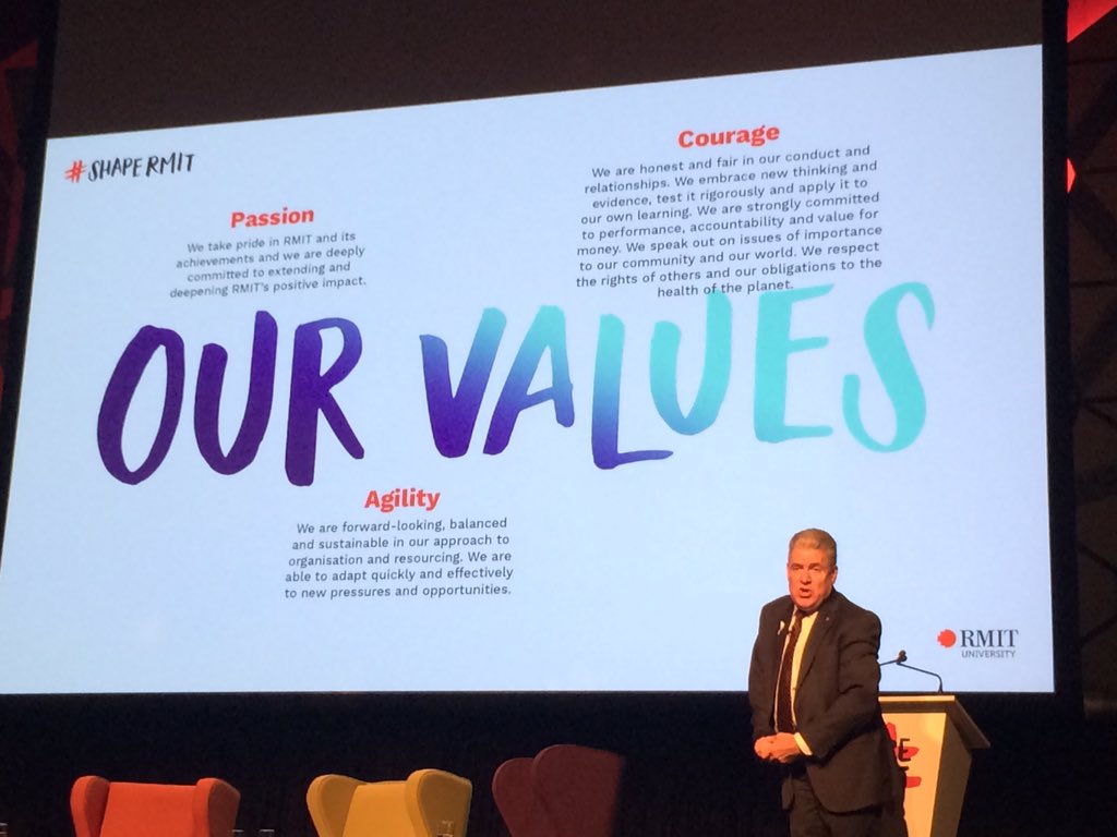 debbateman's tweet photo. A great educational culture is built on an ethical and just set of values #shapeRMIT @RMIT #courage #imagination https://t.co/81xMm3tHge
