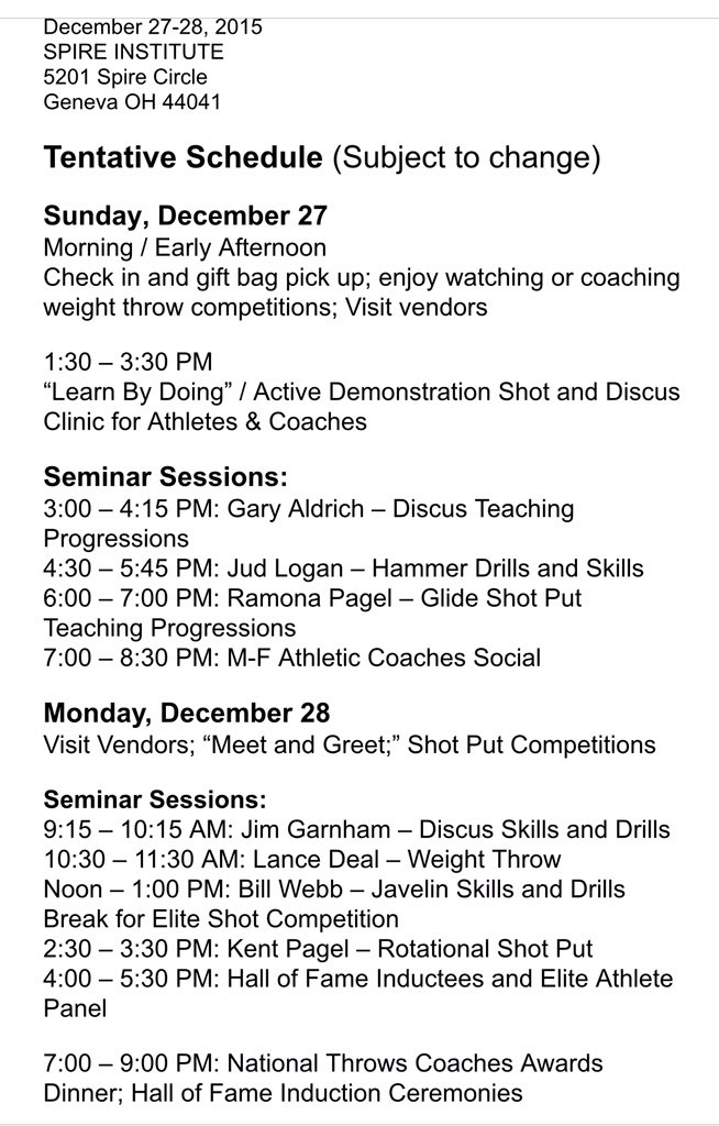 nationalthrows's tweet photo. 2015 National Throws Coaches Conference schedule &amp; registration info posted
https://t.co/evTcF3VDkv
@tandfn #throws https://t.co/VedY8SoHZg