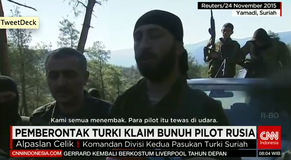 CNNIDWorldNow's tweet photo. Pemberontak Turki di Suriah sendiri mengklaim jika mereka yang telah membunuh pilot Rusia. https://t.co/tEepWF4pEx