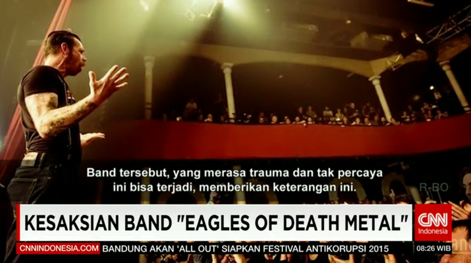 CNNIDWorldNow's tweet photo. Beberapa personil Eagles of Death Metal masih trauma pasca #ParisAttacks di Teater Bataclan. https://t.co/SLRk3nAJfh