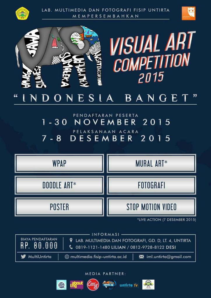 Mulmed & Fotografi (@multiuntirta) on Twitter photo VISUAL ART COMPETITION 2015
Regist : 1-30 Nov 2015
Info lebih lanjut multimedia.fisip-untirta.ac.id <a href="/dkvunpas/">Hima DKV UNPAS</a> VISUAL ART COMPETITION 2015
Regist : 1-30 Nov 2015
Info lebih lanjut multimedia.fisip-untirta.ac.id <a href="/dkvunpas/">Hima DKV UNPAS</a>