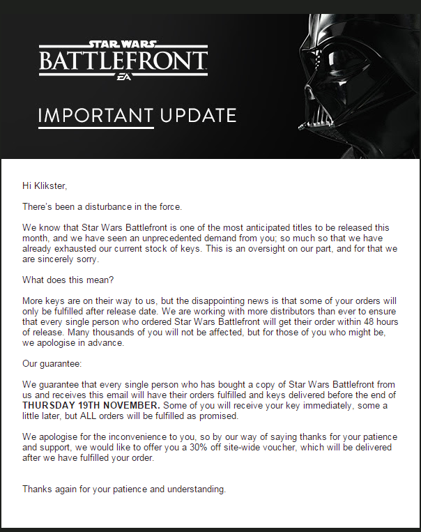 jassibacha's tweet photo. @GreenManGaming You guys specifically said in your email we'd receive 30% off coupons for the Battlefront delay https://t.co/MRWA4tCtpf