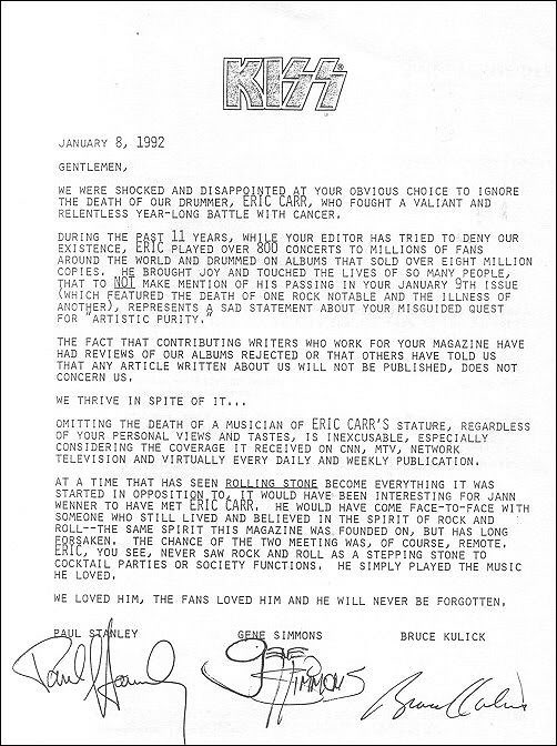PaulStanleyLive's tweet image. The original letter I wrote to @RollingStone when they chose to ignore Eric Carr's death. Shame on them.