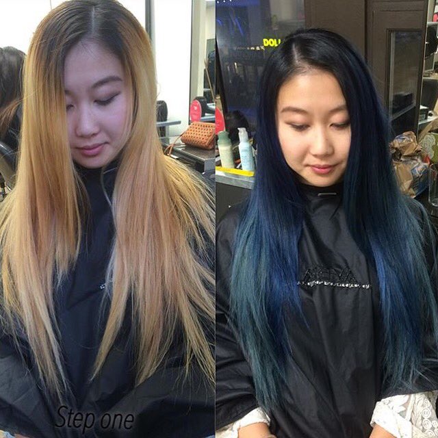 AvedaInstCanada's tweet photo. We're obsessed with this blue by #Aveda403 student Jodie! 

#beforeandafter #repost https://t.co/Glml00AZE4