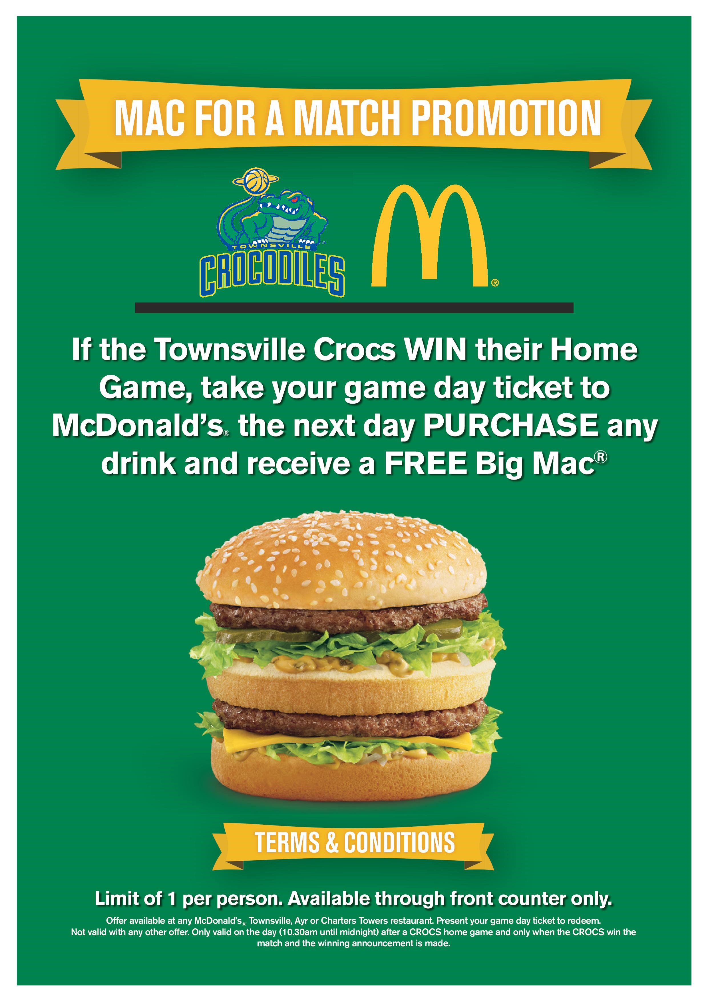 TownsvilleCrocodiles on "FREE MAC'S ARE BACK: If the @TsvCrocs win, you win, Free Big Mac from @McDonalds! #Townsville #McDonalds https://t.co/7eh1XTfsb5" /